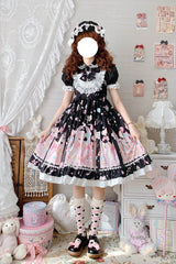 Black/Pink Cute Cat Print High Waisted Ruffle Bowknot Sweet Princess Lolita JSK Dress - Product - 6