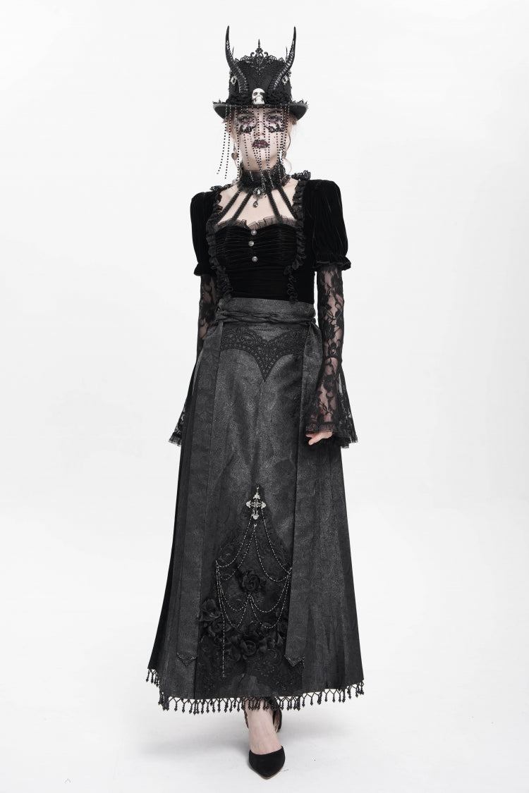 Black Floral Cross Embroidery Chain Women's Gothic Horse-face Long Skirt - Product - 11