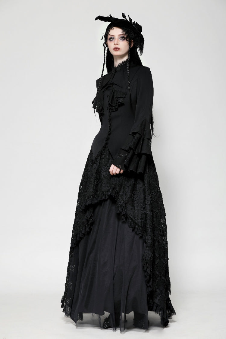 Black Lace Stand Collar Multi-Layered Ruffled Long Flared Sleeves Women's Gothic Blouse - Product - 11