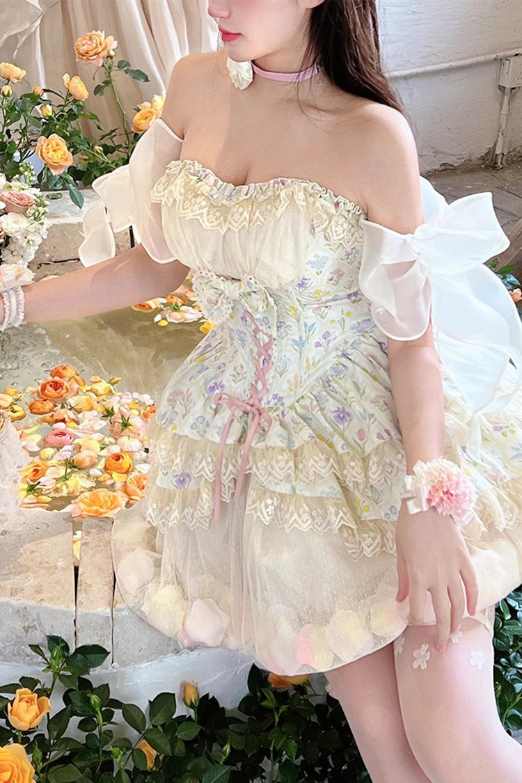Ivory [Flower Story] Tulip Print Bowknot Lace Sweet Lolita Skirt - Product - 2