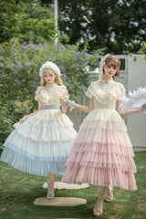 Pink [Sincere Vow] Edwardian Collar Short Sleeves Ombre Multi-Layered Ruffled Embroidered Sweet Lolita Dress - Product - 8