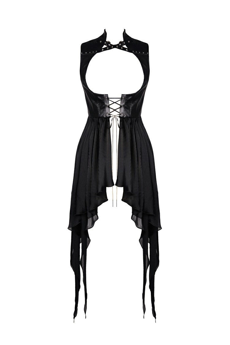 Black Chiffon Sleeveless Cut-Out Chest Irregular Hem Lace-Up Buckled Women's Punk Jacket - Product - 3