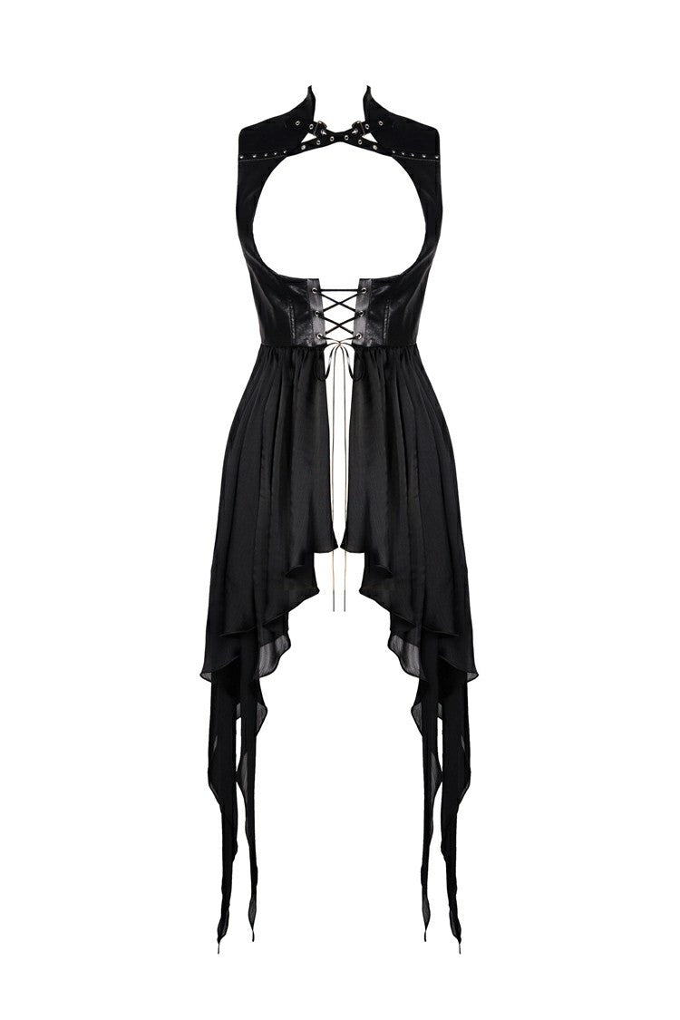 Black Chiffon Sleeveless Cut-Out Chest Irregular Hem Lace-Up Buckled Women's Punk Jacket - Product - 3