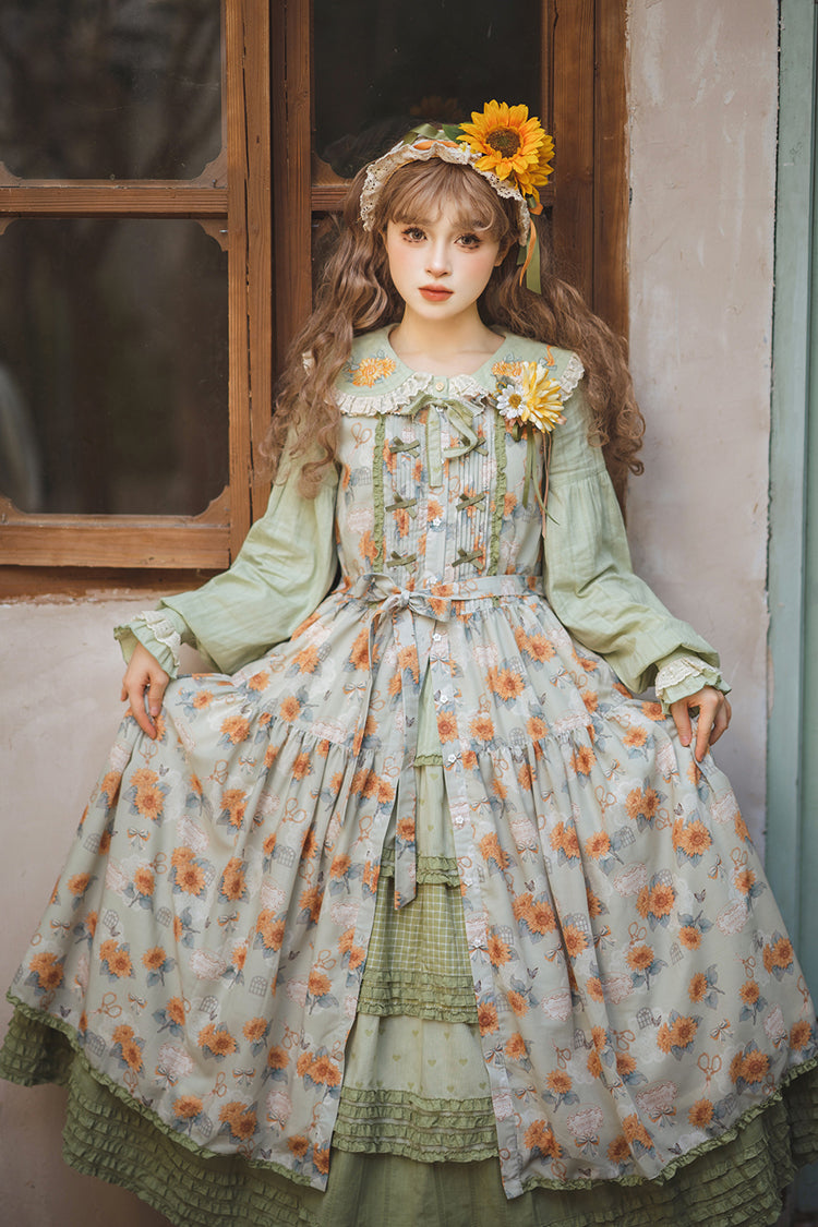 Green [Gardening Sunflower] Sleeveless Print Ruffle Bowknot Sweet Elegant Lolita Jsk Dress - Product - 17