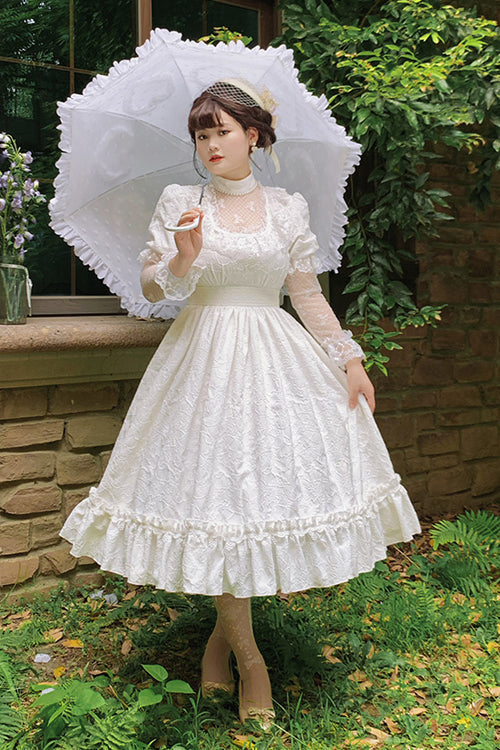 Round Collar Lace Long Sleeves Miss Winnie Plus Size Sweet Lolita OP Dress - White - 2