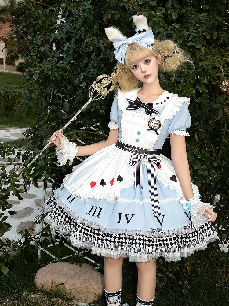Blue & White Alice in Wonderland Sweet Lolita Dress + Apron detail view 9