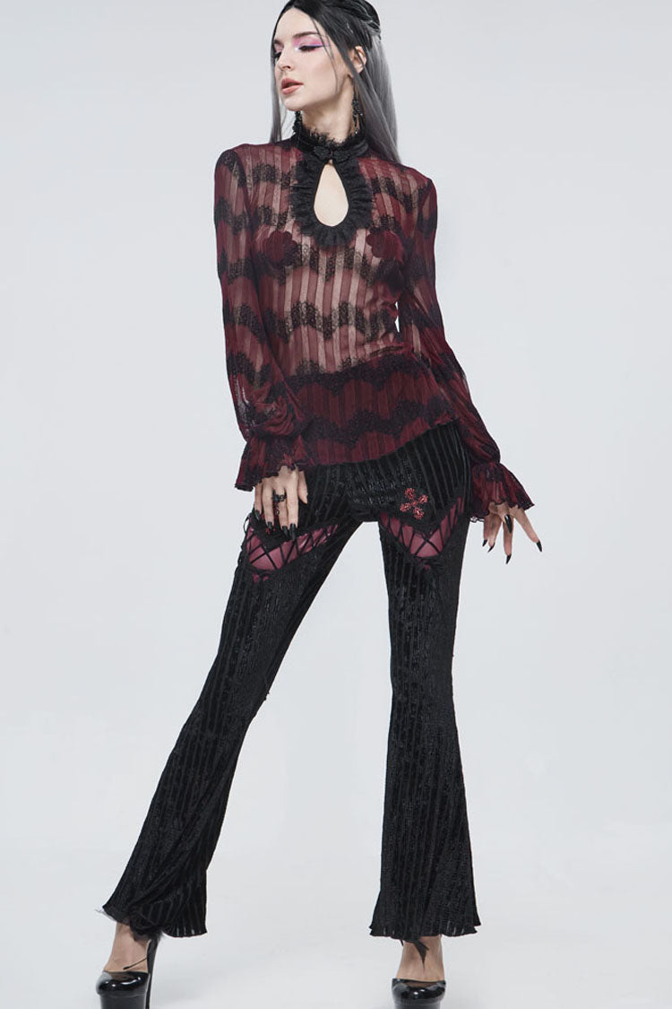 Black Gothic Striped Flocking V-Shaped Cross Lace Stitching Flared Women's Pants - Product - 6
