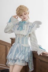 White/Blue [Angel’s Covenant] Stand Collar Long Sleeves Striped Printed Bow Gothic Ouji Lolita Suspender Shorts Set - Product - 2