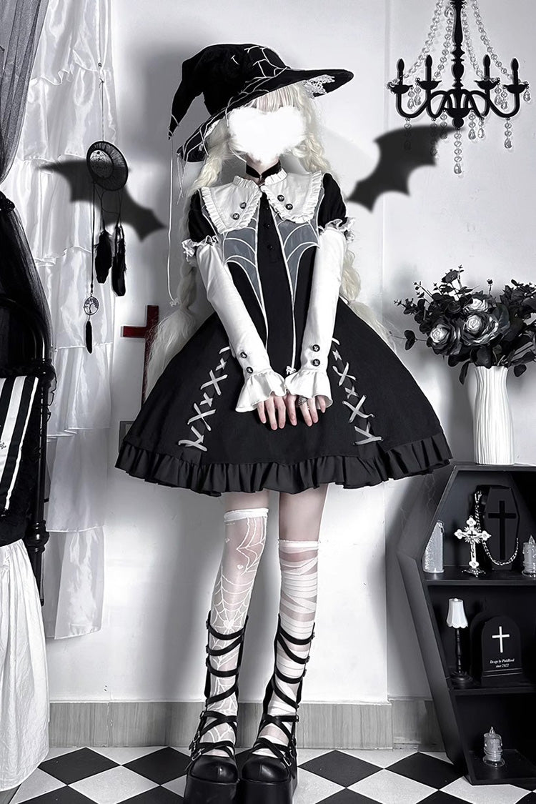 Black Short Sleeves Spider Witch Print Ruffle Gothic Lolita Dress - Product - 3