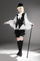 Black [Ash] Lapel Collar Long Sleeves Ruffled Bow Classic Vintage Elegant Prince Ouji Lolita Blouse Shorts Vest Set - Product - 10