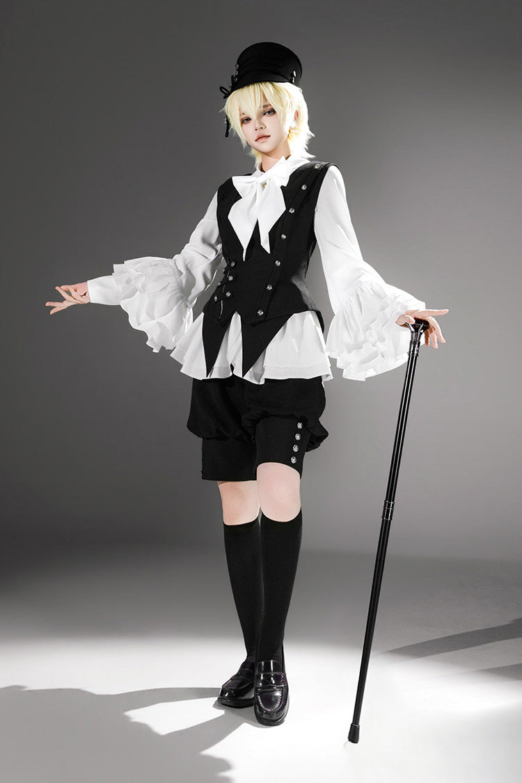 Black [Ash] Lapel Collar Long Sleeves Ruffled Bow Classic Vintage Elegant Prince Ouji Lolita Blouse Shorts Vest Set - Product - 10