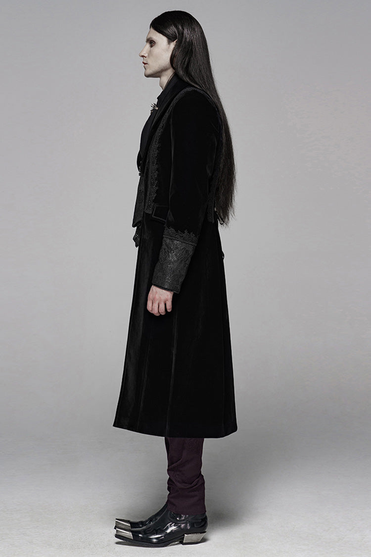 Black Long Sleeves Jacquard Lace-Up Slim Men's Gothic Long Coat - Product - 2