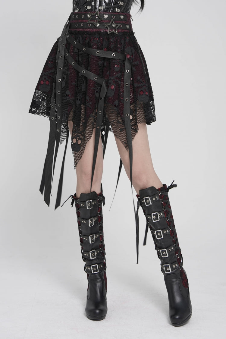 Black/Red Double-Layered Lace Lace-Up Irregular Mesh Eyelet Women's Punk Skirt - Product - 8