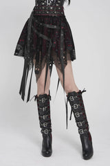 Black/Red Double-Layered Lace Lace-Up Irregular Mesh Eyelet Women's Punk Skirt - Product - 8