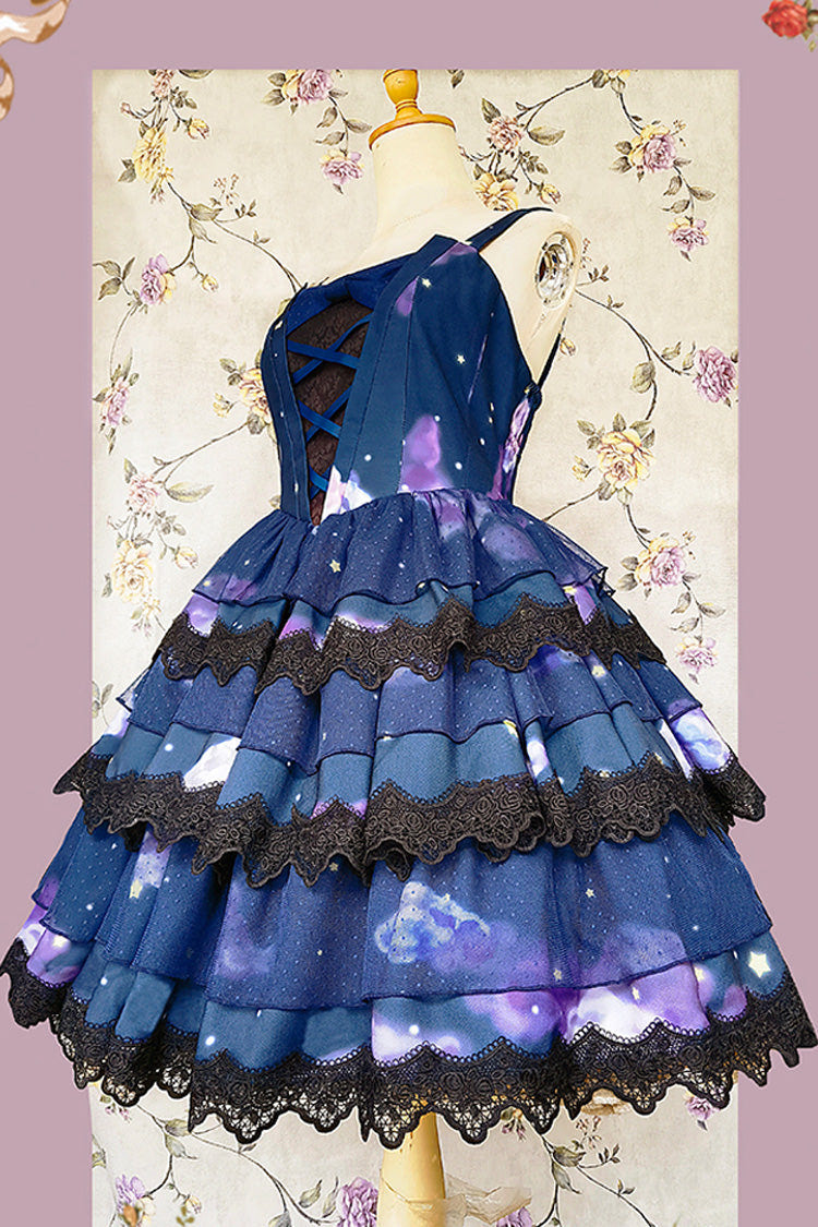 Blue Triple-Layered Clouds Print Ruffle Stitching Lace Sweet Lolita Dress - Product - 7