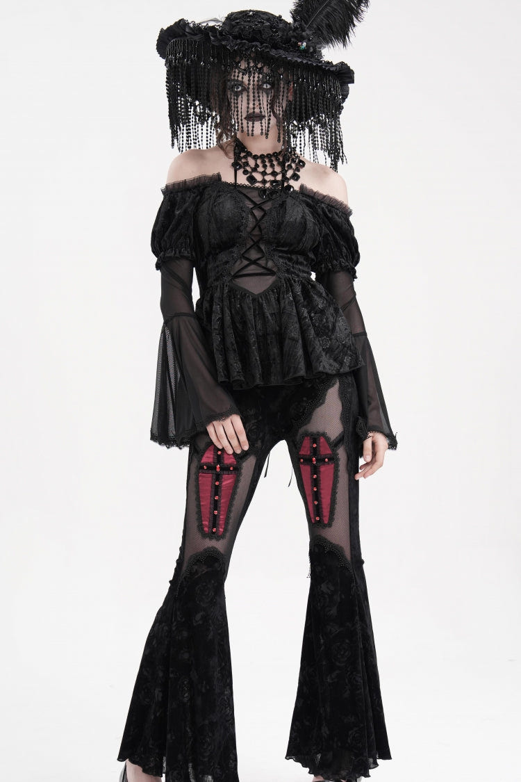 Black Halterneck Long Sleeves Hollow Lace-Up Mesh Women's Gothic Blouse - Product - 7