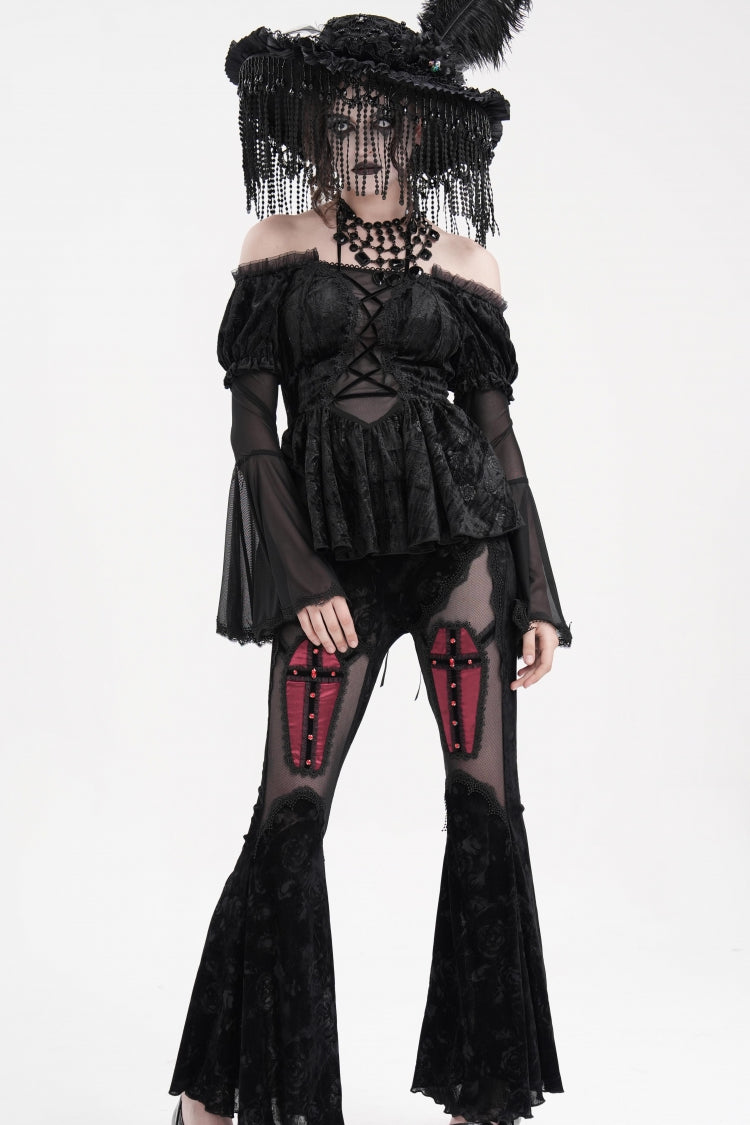 Black Halterneck Long Sleeves Hollow Lace-Up Mesh Women's Gothic Blouse - Product - 7