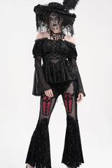 Black Halterneck Long Sleeves Hollow Lace-Up Mesh Women's Gothic Blouse - Product - 7