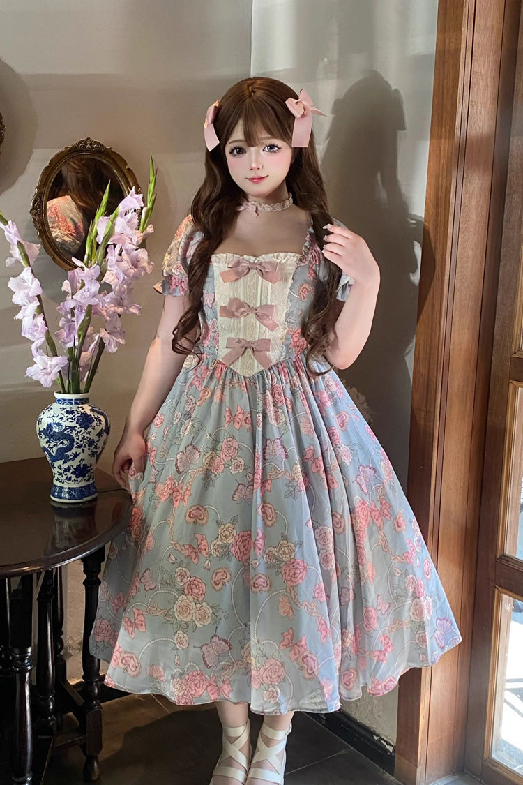 Blue Gem Rose Print Short Puff Sleeves Ruffle Bowknot Sweet Plus Size Lolita Dress - Product - 4