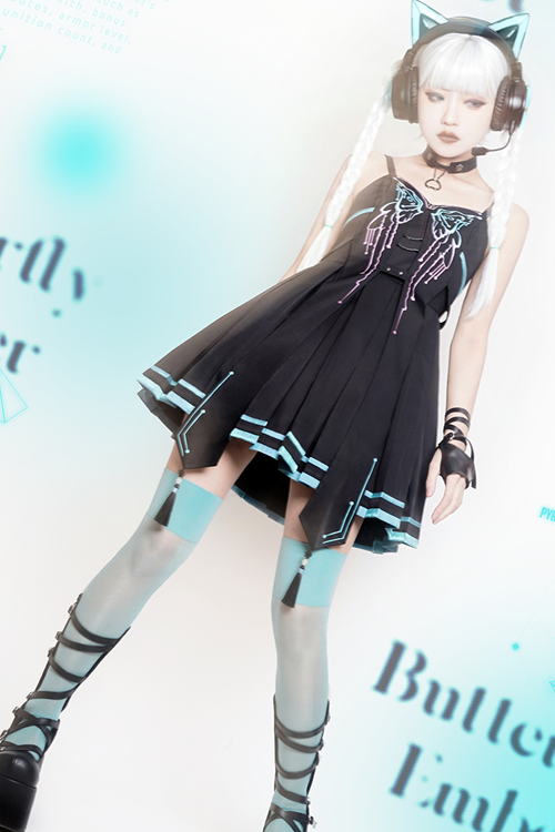 Black Sense Of Technology Butterfly Ember High Waisted Gothic Lolita JSK Dress Full Set - Product - 6