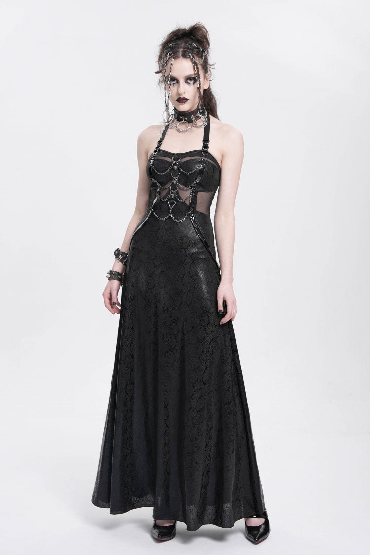 Black Halterneck Stitching Mesh Chained Women's Punk Dress - Black - 1