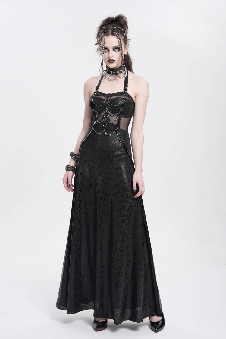 Black Halterneck Stitching Mesh Chained Women's Punk Dress - Black - 1