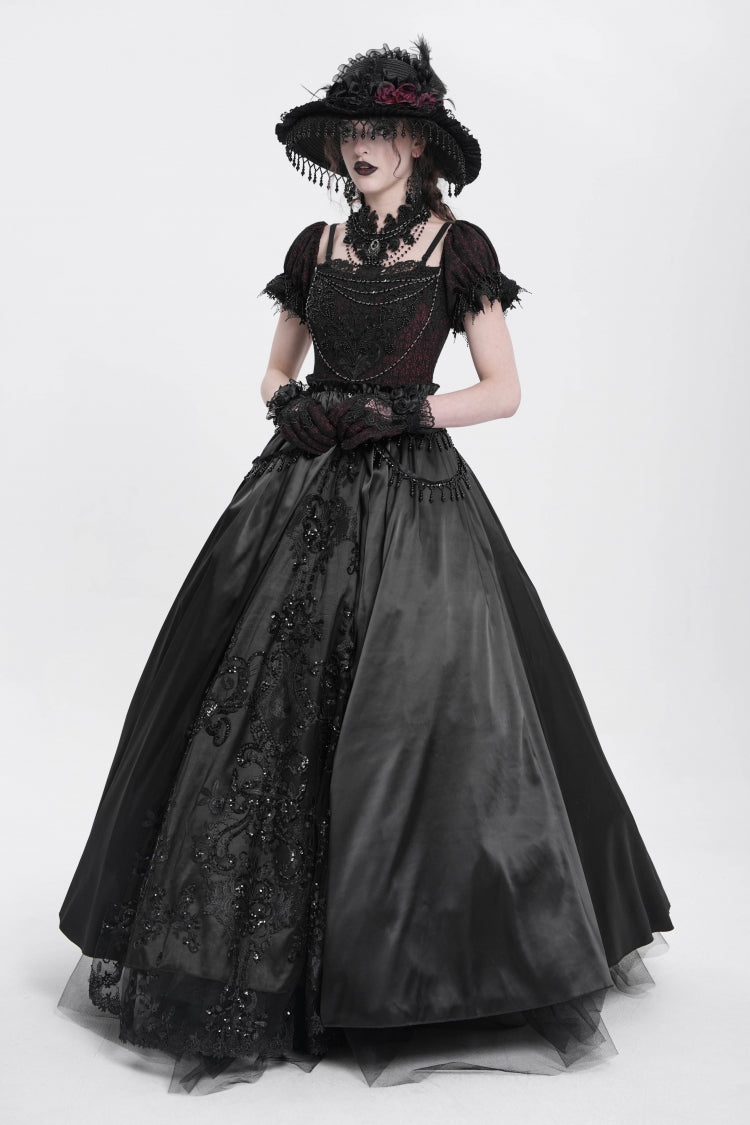 Black Off Shoulder Short Sleeves Jacquard Cardigan Stitching Lace Women's Gothic Dress - Product - 15