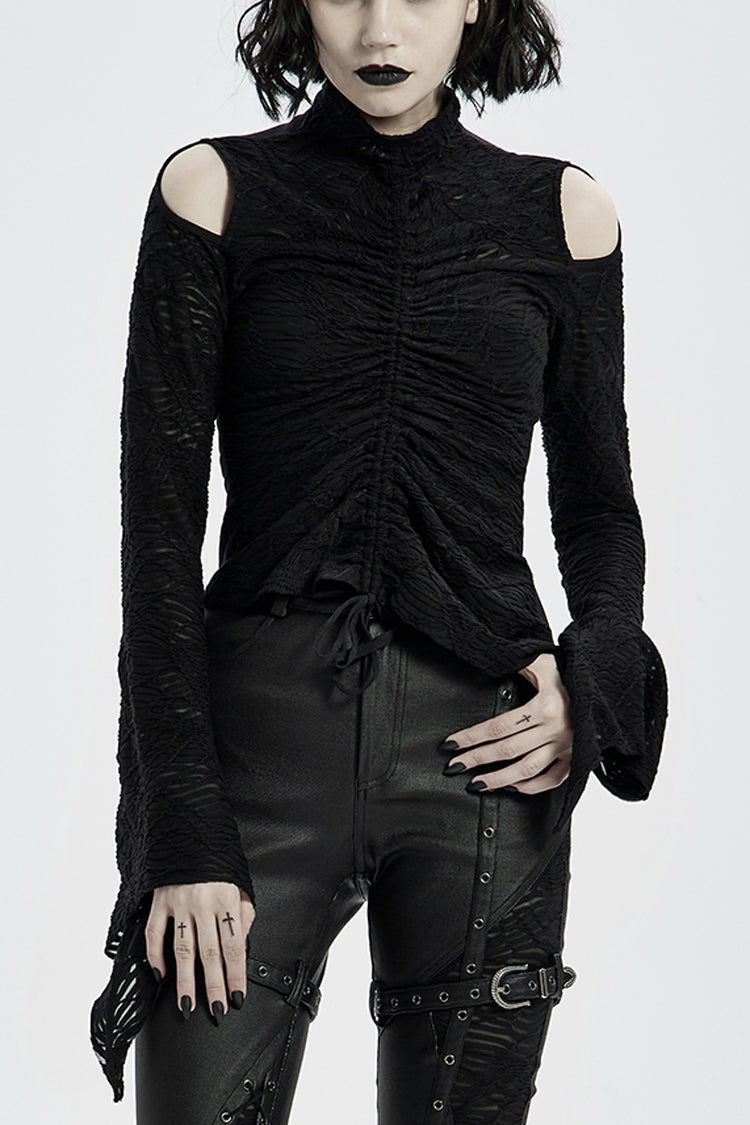 Black High Collar Long Trumpet Sleeves Hollow Lace-Up Women's Gothic T-Shirt - Black - 1