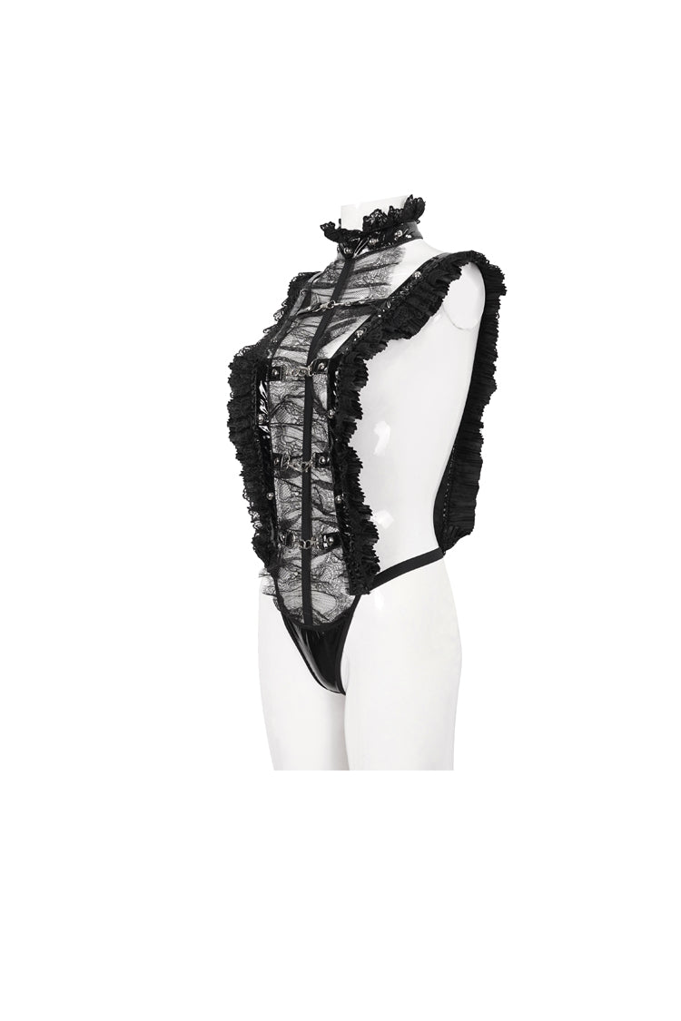 Black Stretch Patent Leather Cutout Lace Ruffle Button Women's Gothic Bodysuit - Product - 7