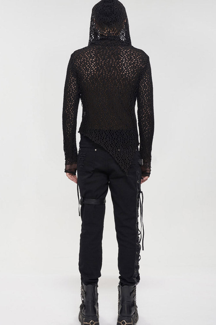 Black Punk Long Sleeve Elasticity Big Hole Mesh Drawstring Design Irregular Hooded Men's Shirt - Product - 8