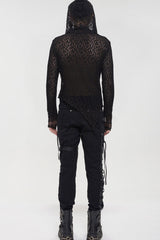 Black Punk Long Sleeve Elasticity Big Hole Mesh Drawstring Design Irregular Hooded Men's Shirt - Product - 8