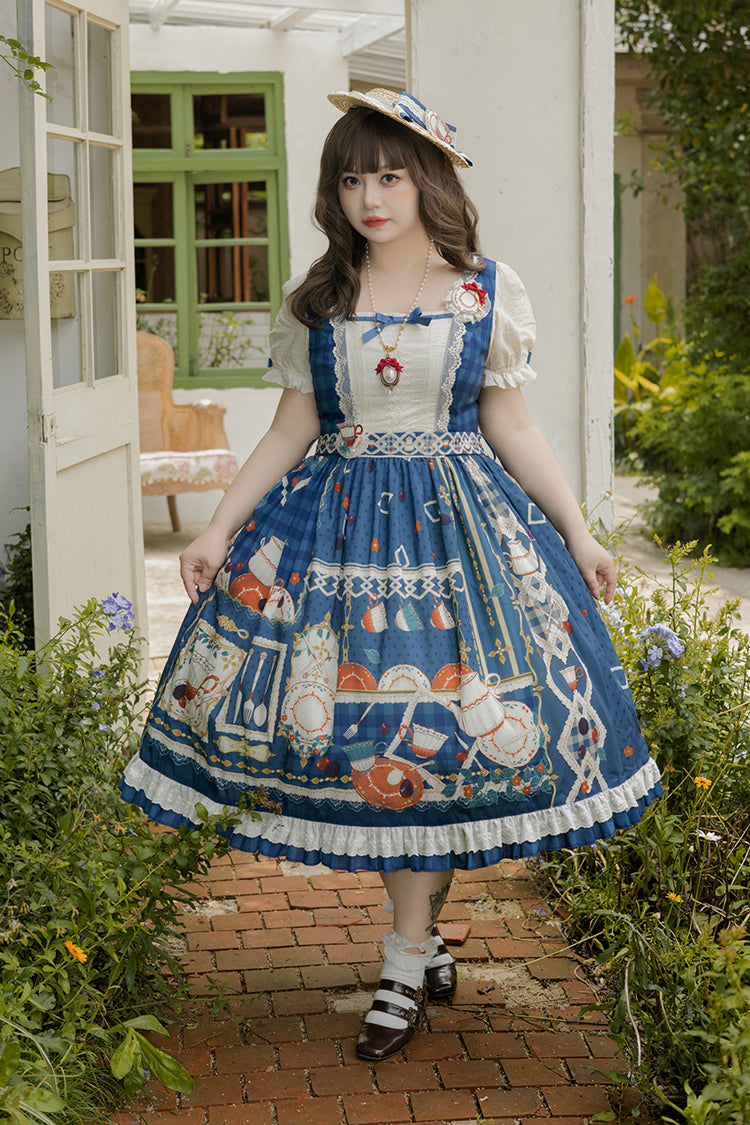 Dark Blue [Tea Party] Short Sleeves Print Ruffle Bowknot Lace Sweet Elegant Lolita Dress - Product - 2