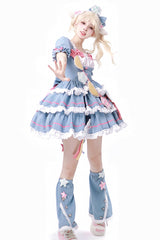 Blue/Pink Garden Party Short Puff Sleeves Multi-layer Ruffle Bowknot Sweet Lolita Dress - Product - 3