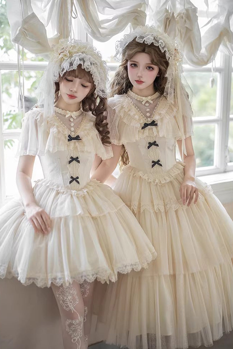 Ivory [The Oath of White Mist] Edwardian Collar Long Sleeves Multi-Layered Ruffled Bow Lace Fishbone Sweet Lolita Dress 2 Versions - Product - 10