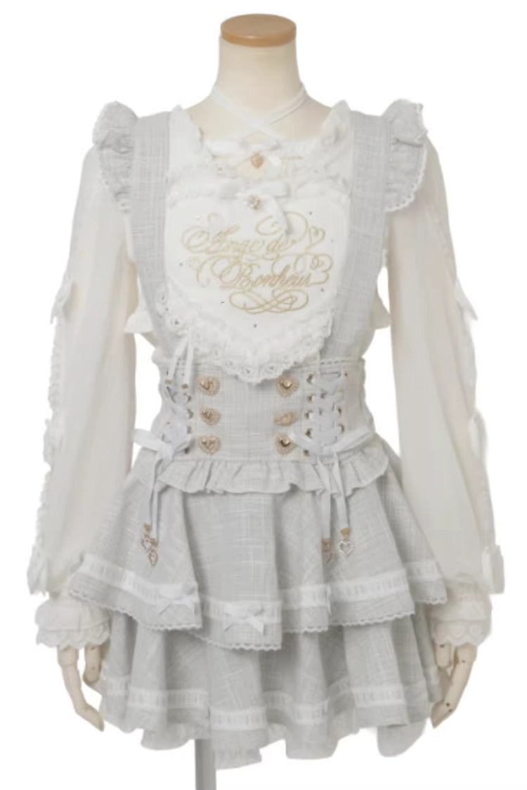 Sweet Jirai Kei Multi-Layered Printed Ruffled Spliced Lace Japanese Suspender Skirt 3 Colors - Blue - 4