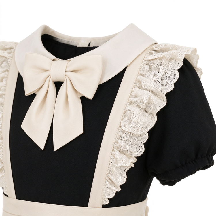 Black and Beige Lace Maid Lolita Jumper Dress with Bow - view 2