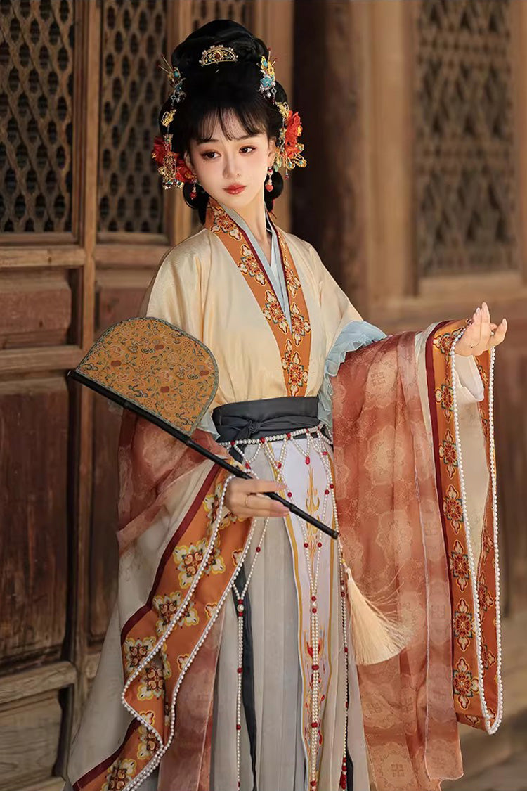 [Cloud-Clad Fairy] Long Sleeves Printed Ruffled Embroidered Classic Chinese Style Hanfu Dress Set 2 Colors - Product - 12