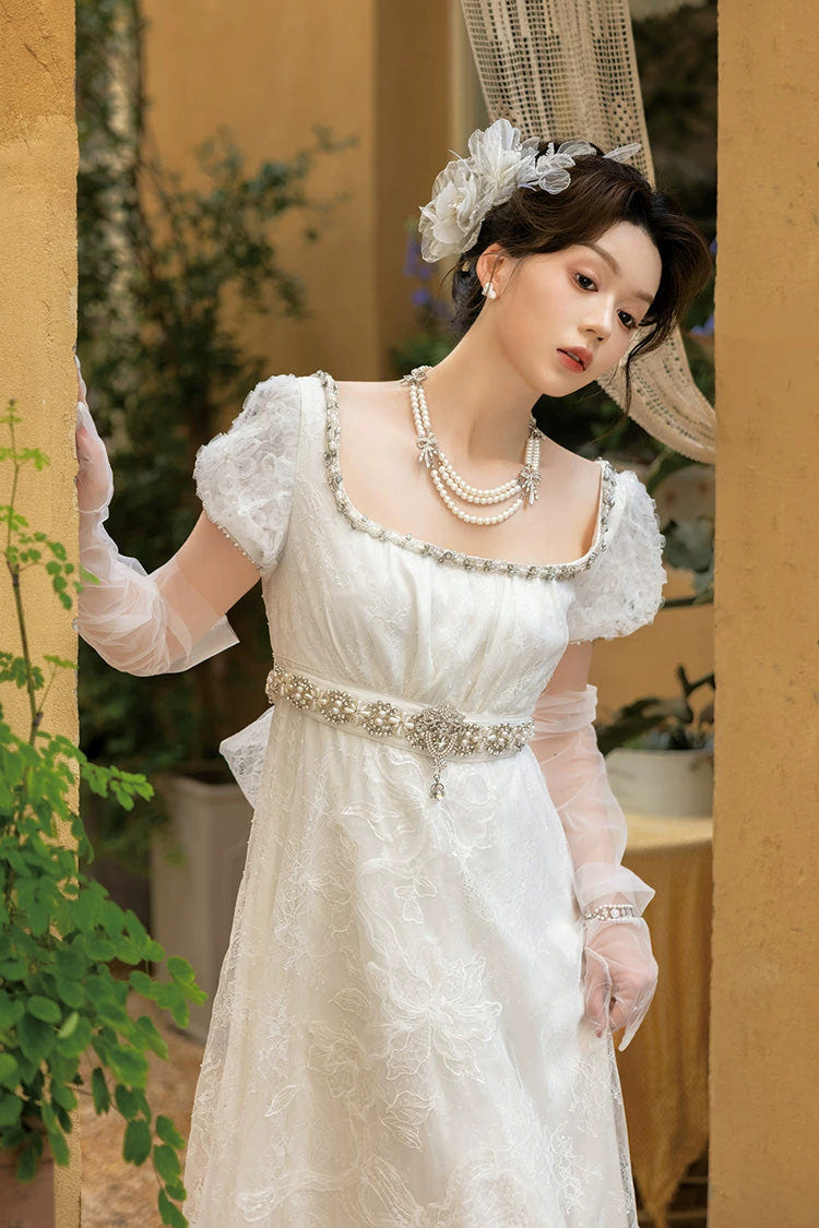 White Square Collar Short Sleeves Jacquard Wedding Style Lace Pearl Detail Vintage Elegant Luxurious Lolita Dress - Product - 4
