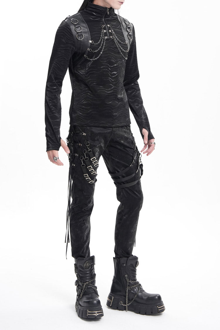 Black Buckle-up Spaghetti Straps Stitching Men's Gothic Pants - Product - 5