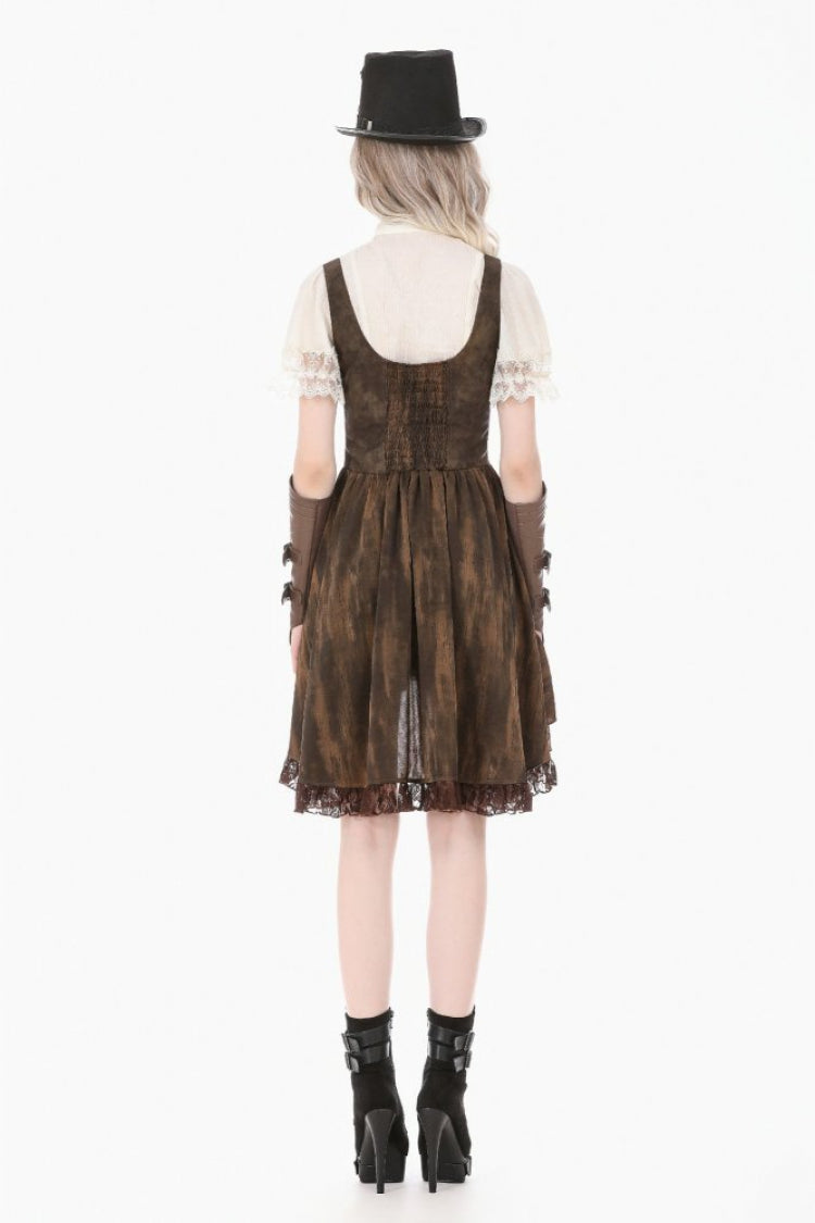 Beige Stand Collar Short Puff Sleeves Lace Sheer Lace-Up Women's Gothic Blouse with Detachable Bowknot - Product - 11