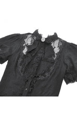 Black Stand Collar Short Puff Sleeves Sheer Lace Lace-Up Women's Gothic Blouse with Detachable Bowknot - Product - 14