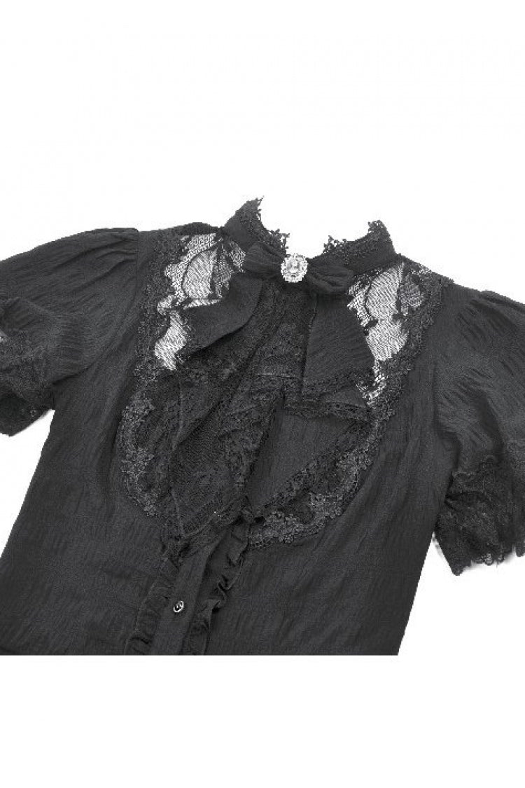 Black Stand Collar Short Puff Sleeves Sheer Lace Lace-Up Women's Gothic Blouse with Detachable Bowknot - Product - 14