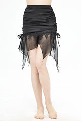 Black Translucent Chiffon Lace Hem Side Lace Up Cover Hip Gothic Swimsuit Fishtail Skirt - Black - 1