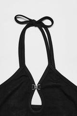 Black Spider Web Print Hollow Halter Neck Women's Punk Two-Piece Set (T-Shirt and Vest) - Product - 5