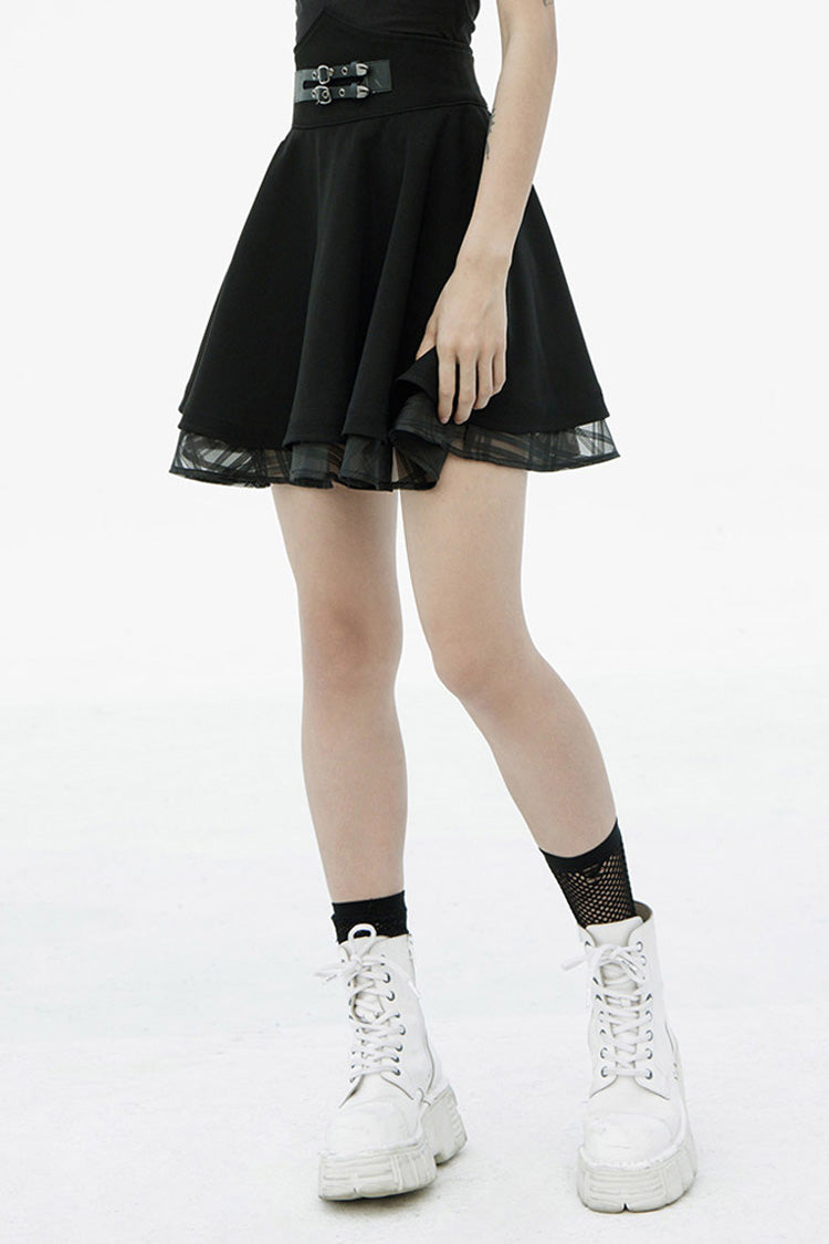 Black Front Metal Buckle Loops High Waist Splice Mesh Women's Punk Skirt - Product - 2