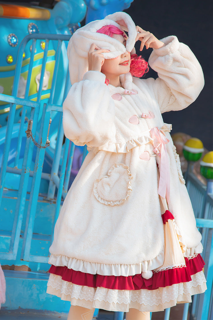Ivory Long Ears Rabbit Ruffle Bowknot Hooded Daily Sweet Lolita Coat - Product - 4