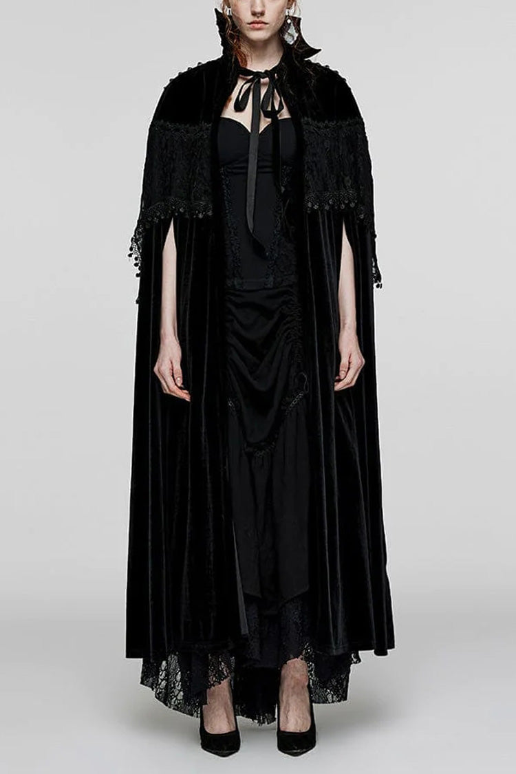 Black Bat Stand Collar Stitching Lace Nails Decorated Womens Gothic Cloak - Black - 1
