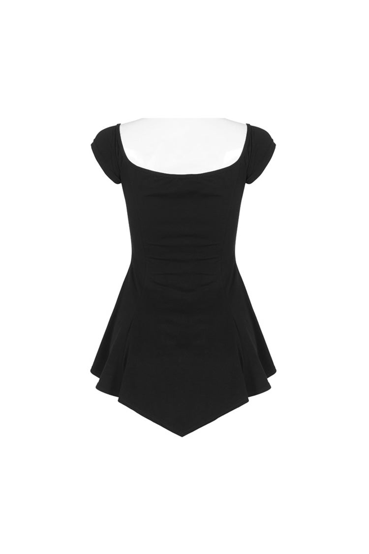 Black Short Sleeve Orizontal Neck Front Chest Lace Embroidery Frill Hem Women's Gothic T-Shirt - Product - 7