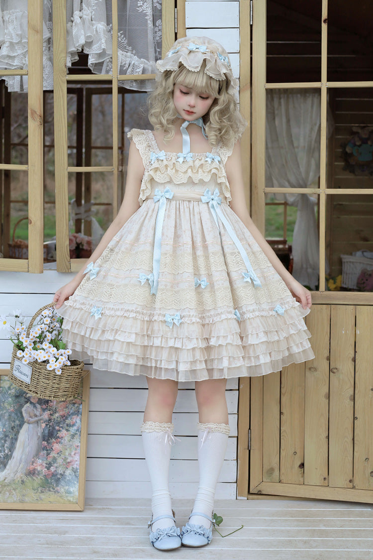 Beige [Little Wind Chime] Sleeveless Multi-Layered Printed Ruffled Bow Lace Sweet Elegant Princess Lolita Jsk Dress - Product - 4