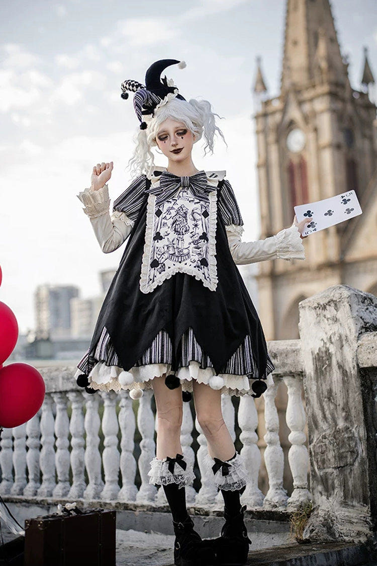 Black [Letters and Poems · Doll Mask] Poker Clown Long Sleeves Ruffled Bow Gothic Lolita Dress Set - Black(Set) - 1